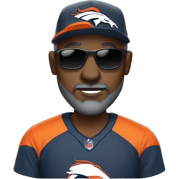 Bald black guy head dark grey long beard wearing Denver broncos cap and Jersey and sunglasses  emoji