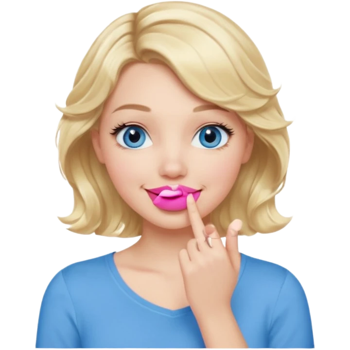 Girl Blonde short wavy hair,  blue eyes, cute blue top, long lashes, pink lips, smiling, hand over the mouth emoji