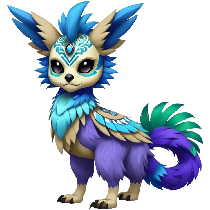 Furry cute colorful exotic tribal feral anime-styled Fakémon-Pokémon-animal-creature with a skull mask, and blue feathers around neck, and blue feathers, with long furry ears, long furry tail, 4 legs, (full body), with intricate pattern-markings  emoji