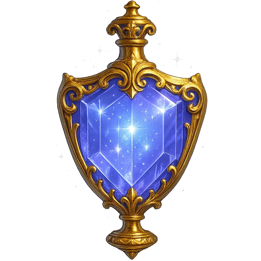 luxurious crystal elixir bottle in shield shape, color #7986cb, lots of shining, edges, ornaments, golden details, magical effects, very small golden neck, transparent background, beautiful seamless bottom, bottle clearly floating in air, no base or shadow, modern, fits collection emoji