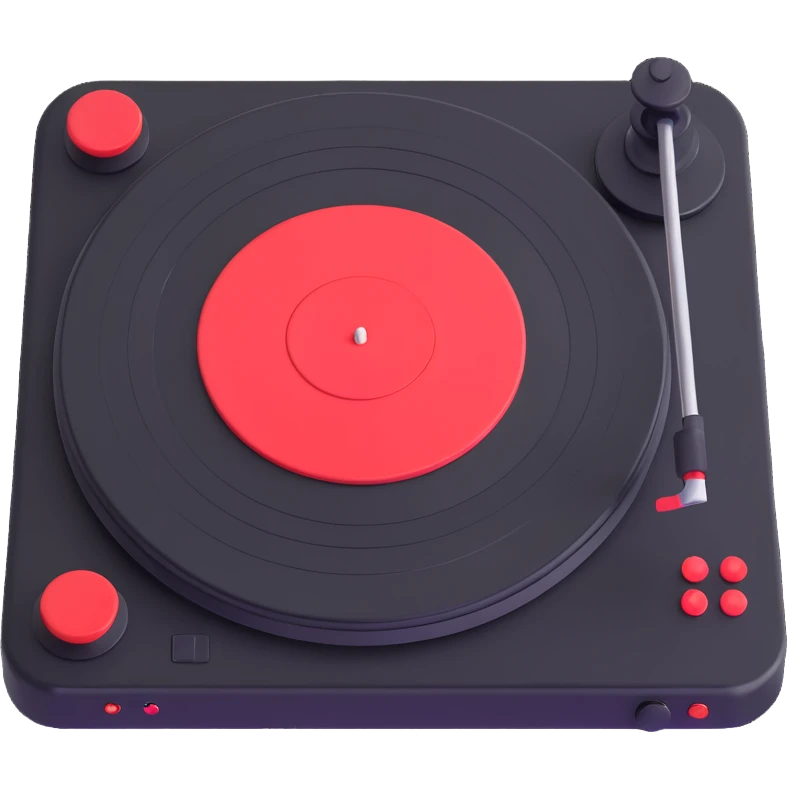 Make the Technics-style turntable look more vintage with playful rounded features in a Disney Pixar 3D style. Use black and red as the main colors, avoid neon colors entirely, and keep the look vintage and playful without neon. emoji