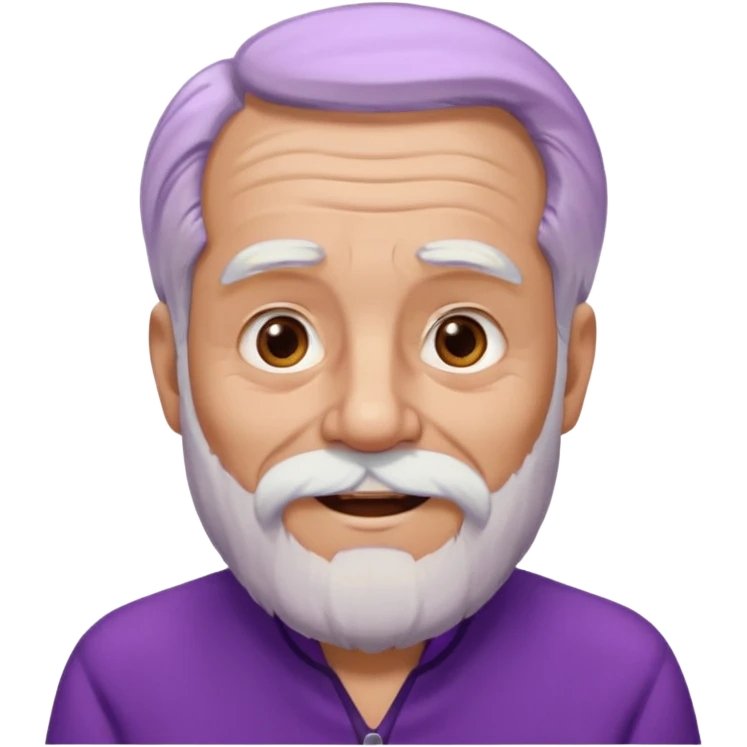 Abuelo hombre con ropa morada, ojos cafés, muchas arrugas, aspecto feliz, el pelo debe ser blanco no morado. emoji