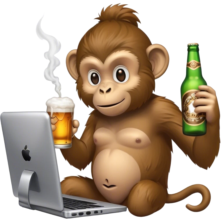 monkey playing games on a pc with a vape in one hand and holding a beer in the other emoji