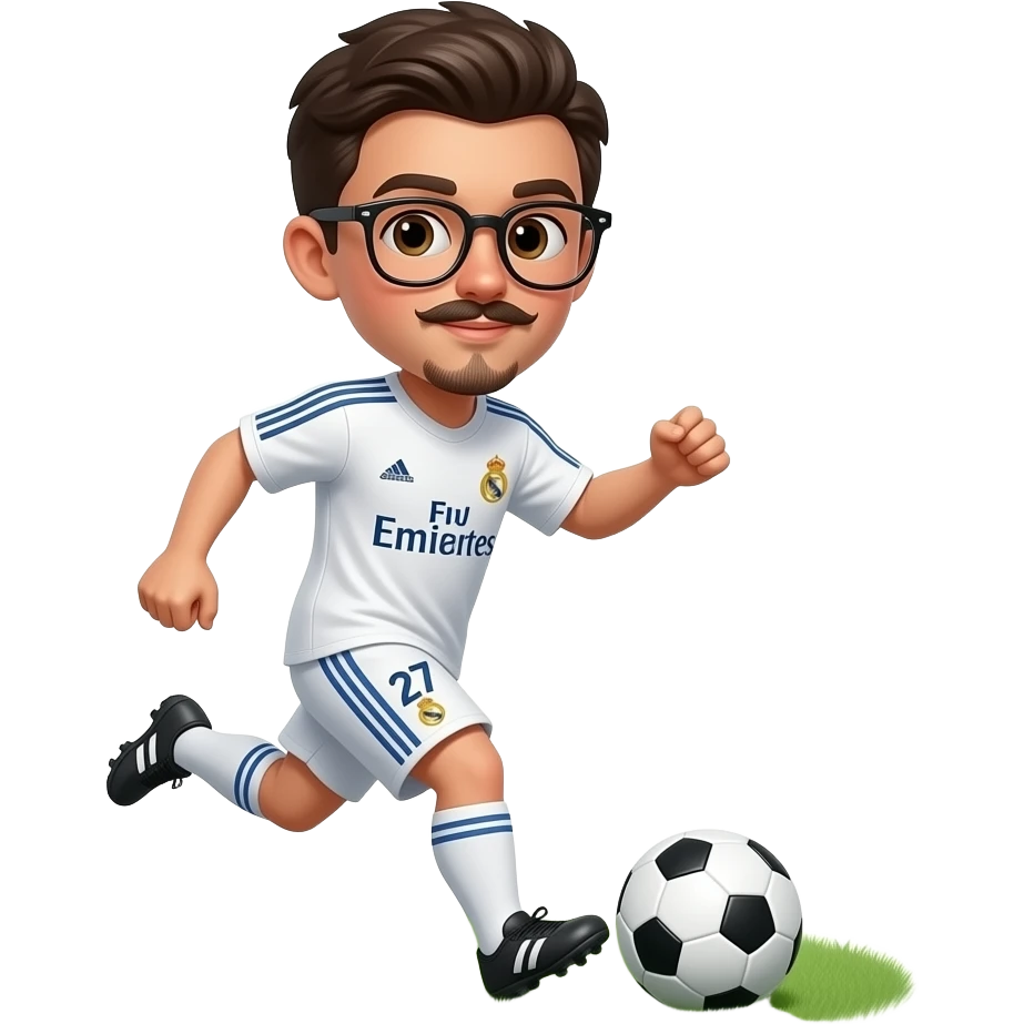 black boy with top black and botom gold glasses playing soccer with a madrid jersey number 27 and a little mustache and a goatee emoji