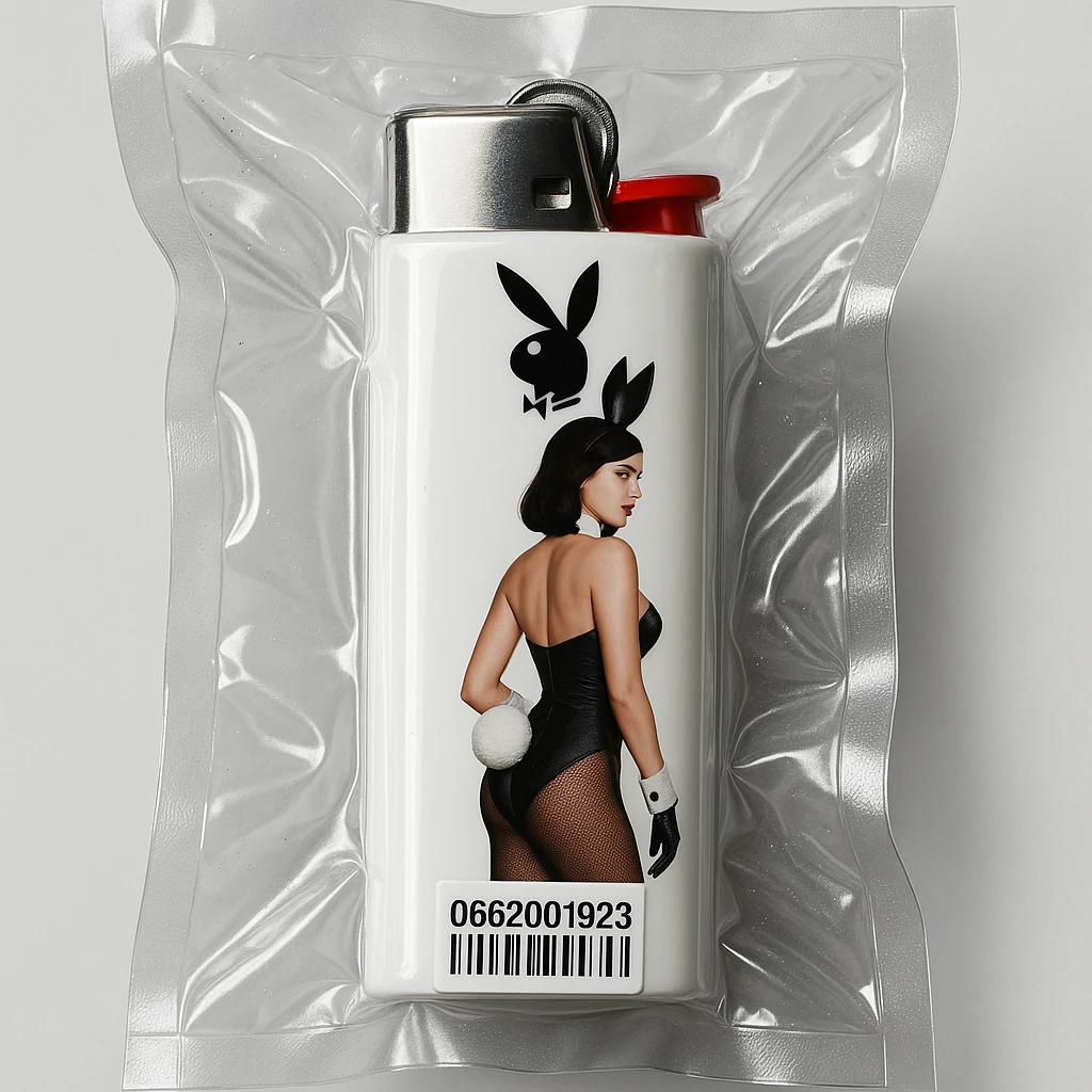 white BIC lighter, glossy and puffy, with a black Playboy Bunny logo and a model in a black bunny suit emoji