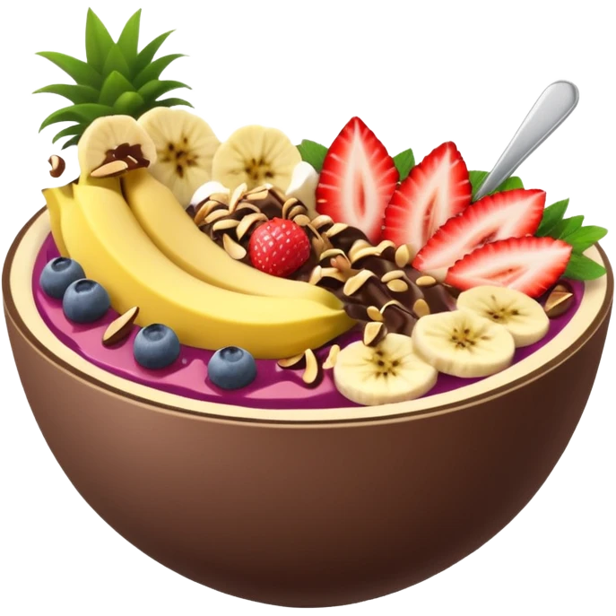 acai bowl with banana slices, strawberries, Nutella drizzle, pineapple chunks, and granola, vibrant and appetizing emoji