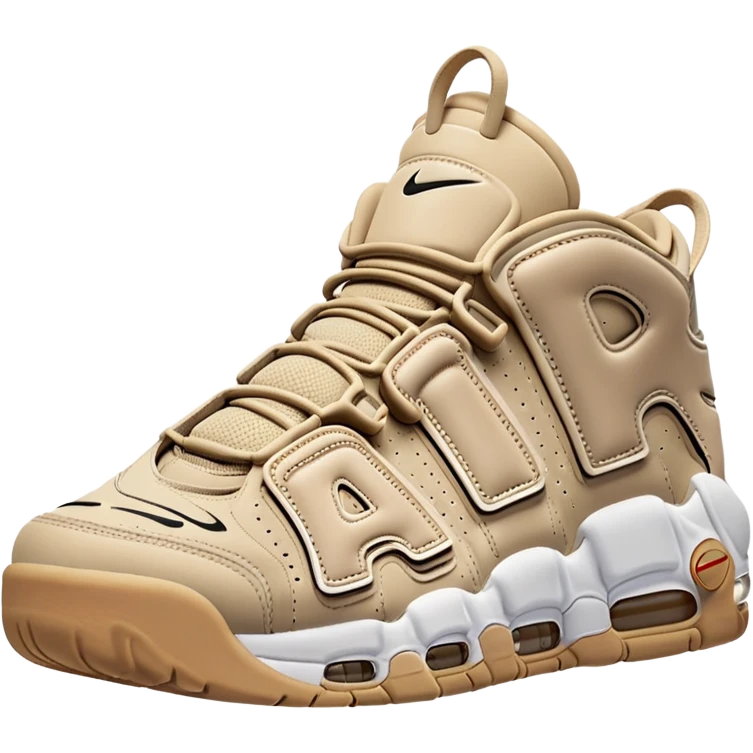 A pair of beige Nike Air More Uptempo sneakers in iOS emoji style, with left and right shoes positioned with one slightly behind the other, featuring minimalist design with the iconic AIR lettering on sides emoji