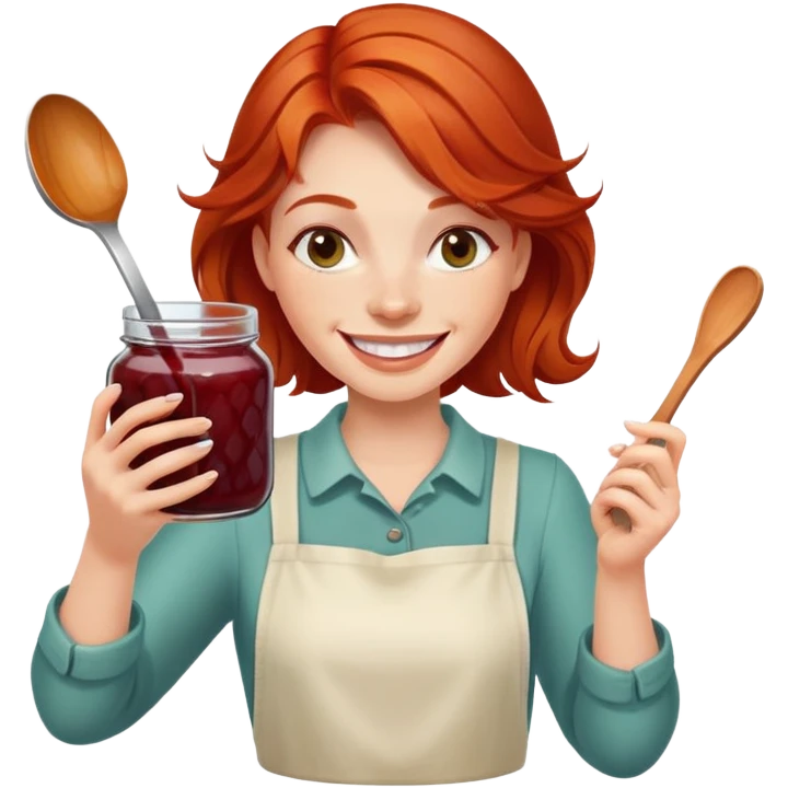 redhead woman with big smile taking some jam with a spoon from glass jar emoji
