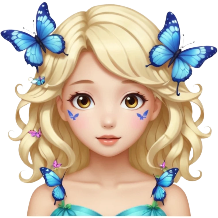 gorgeous shiny blushing anime lady with butterflies and beautiful hair fairycore high quality detailed vogue trending aesthetic emoji