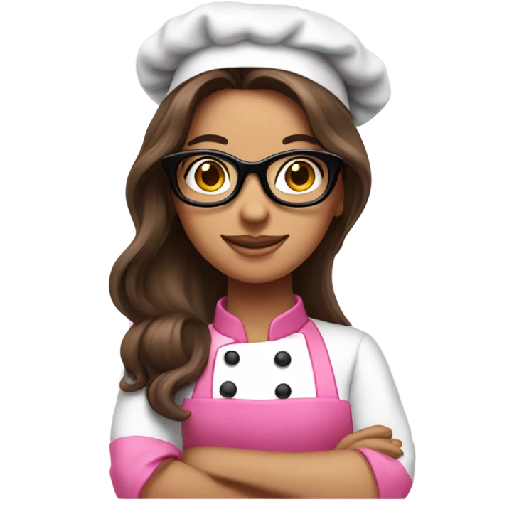 long brunette hair girl with black glasses and a pink chef outfit emoji