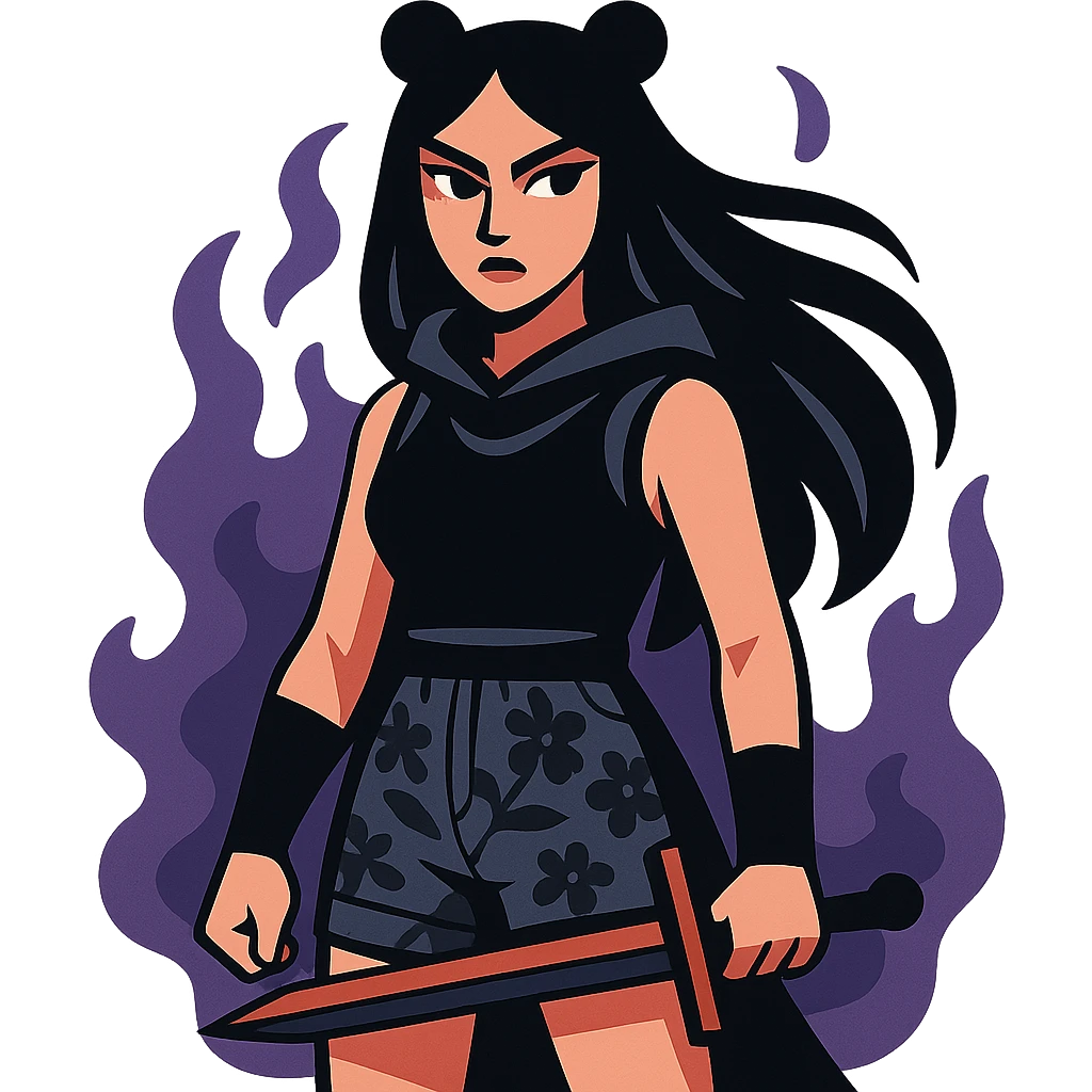 mysterious gothic female fighter with long flowing black hair, sharp intense eyes, small black bear ears, sleeveless black ritual robe top, gray combat shorts with dark floral pattern, quiet but commanding presence, soft dark aura emoji