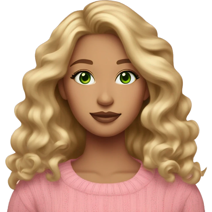 Dark blonde girl tan skin pink sweater pink makeup green eyes gold earrings pink nails wavy long hair full body emoji