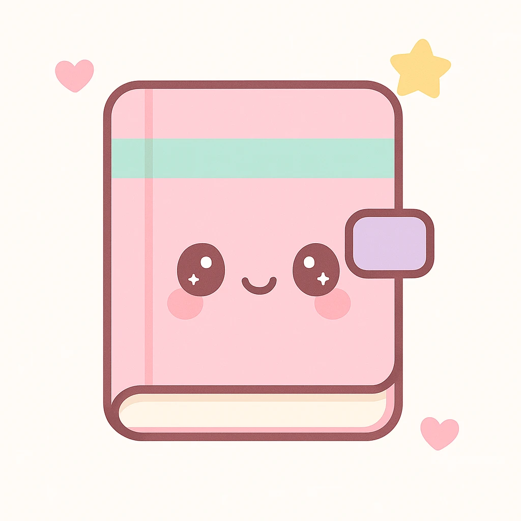 Make the diary pink in a kawaii style, keep the smiling face and pastel colors, maintain the cute and soft pastel style. emoji
