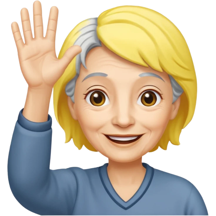 old woman with gray and yellow hair smiling and waving her hand  emoji