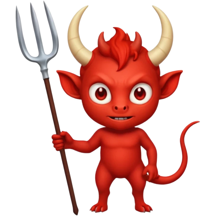 a Red devil, short horn Small red imp holding pitchfork, tail curled emoji