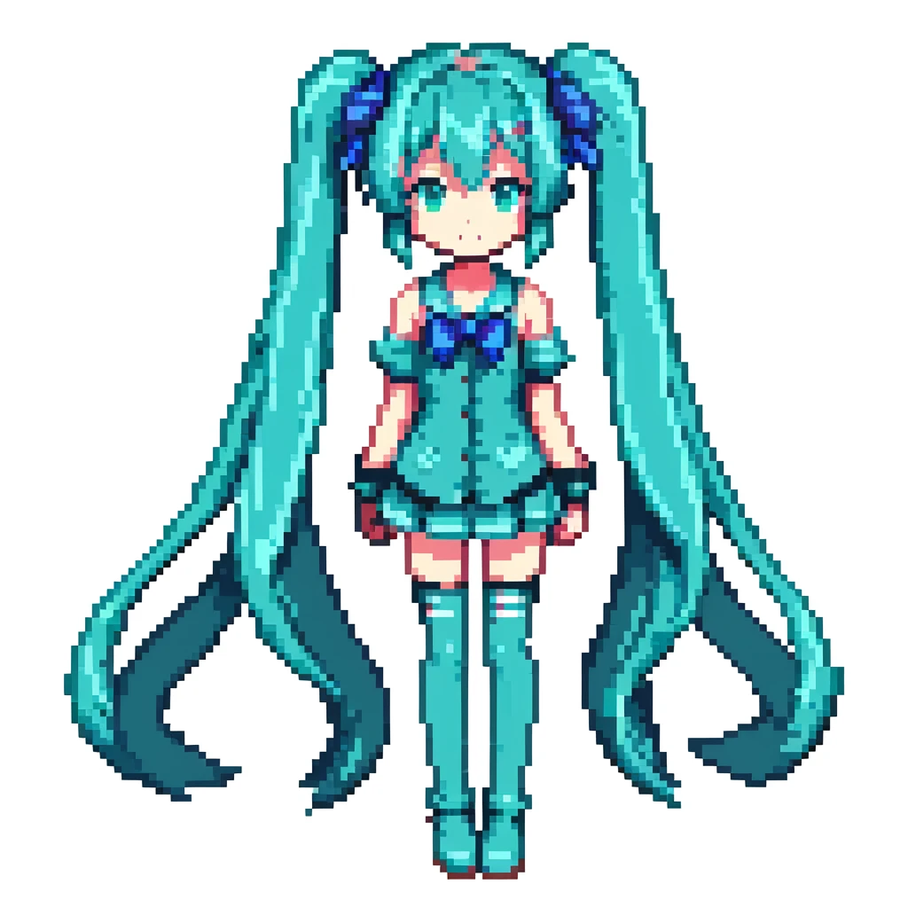 Hatsune Miku with teal twin-tails, anime character in pixel art style emoji
