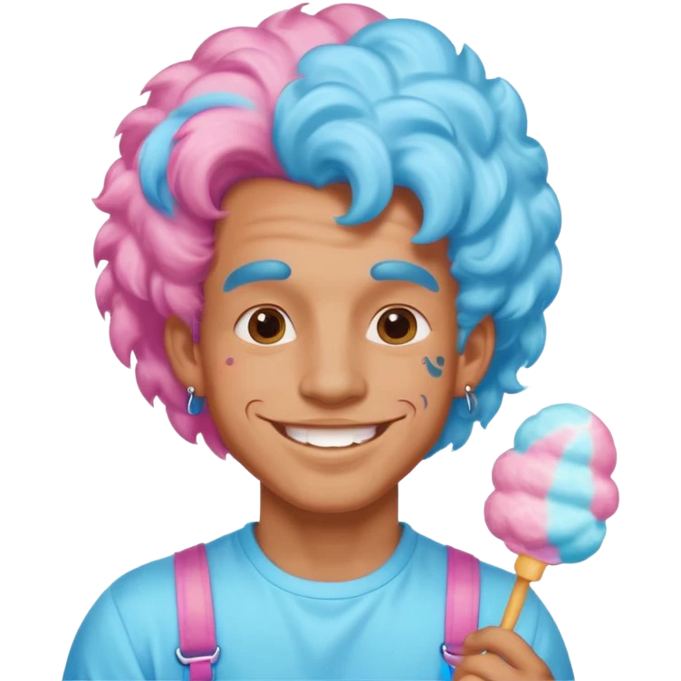 happy colorful puffy haired man made out of cotton candy with braces and tattoos and just face not holding anything emoji