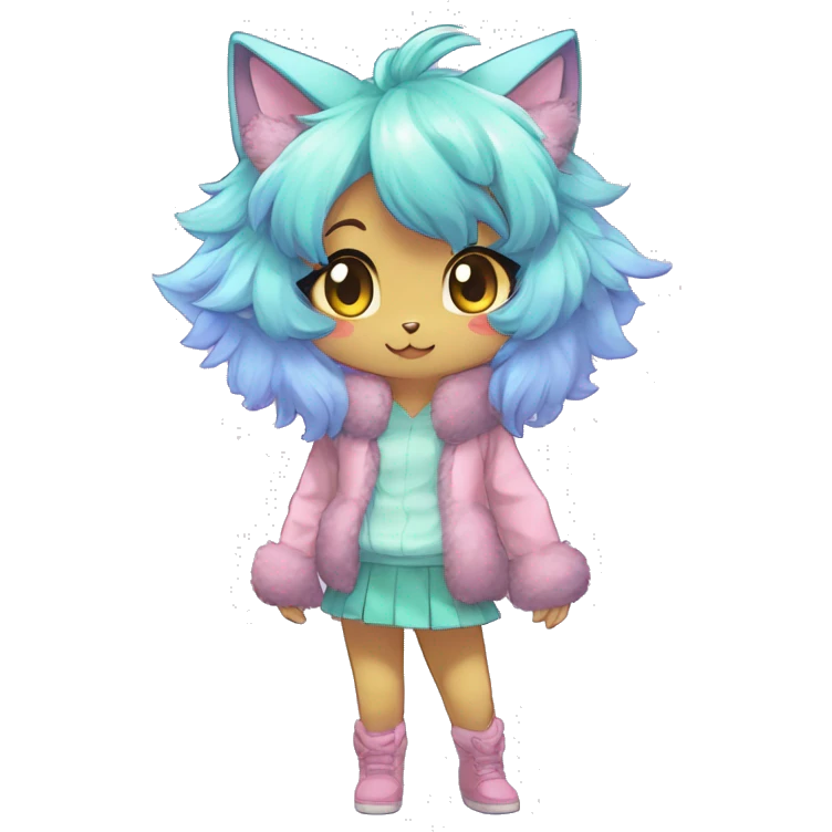 Anthro Cute Fluffy Gorgeous Magical Petite Shiny Colorful Pastel Glitter Sparkle Anime Chibi Fantasy-Animal-Fakémon-Pokémon-Hybrid Fur Sona Aesthetic Trending Style Full Body emoji
