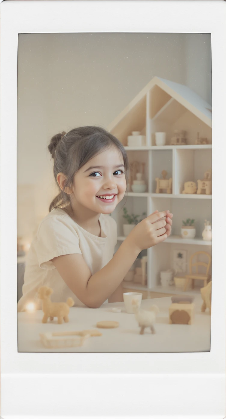 smiling girl arranging furniture in doll house emoji