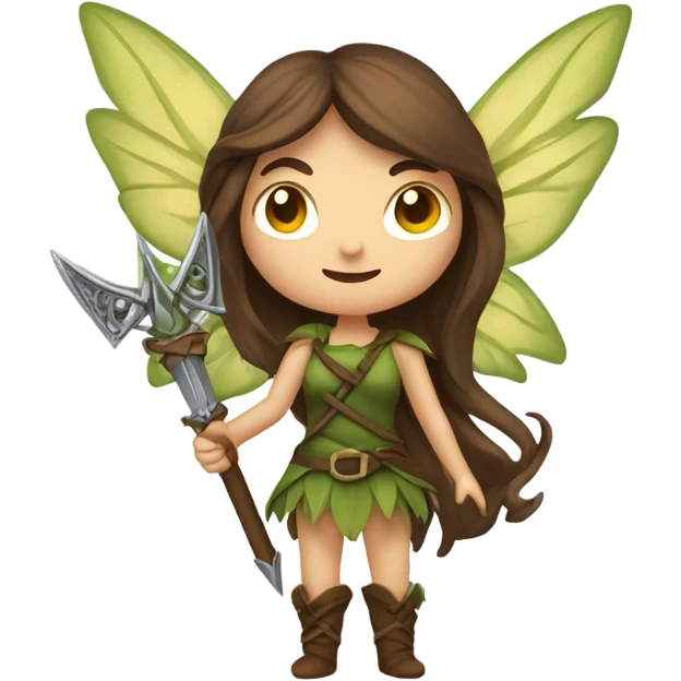 Female forest fairy, wings, pointed elf ears, long brown hair, vines, holding medieval sword emoji