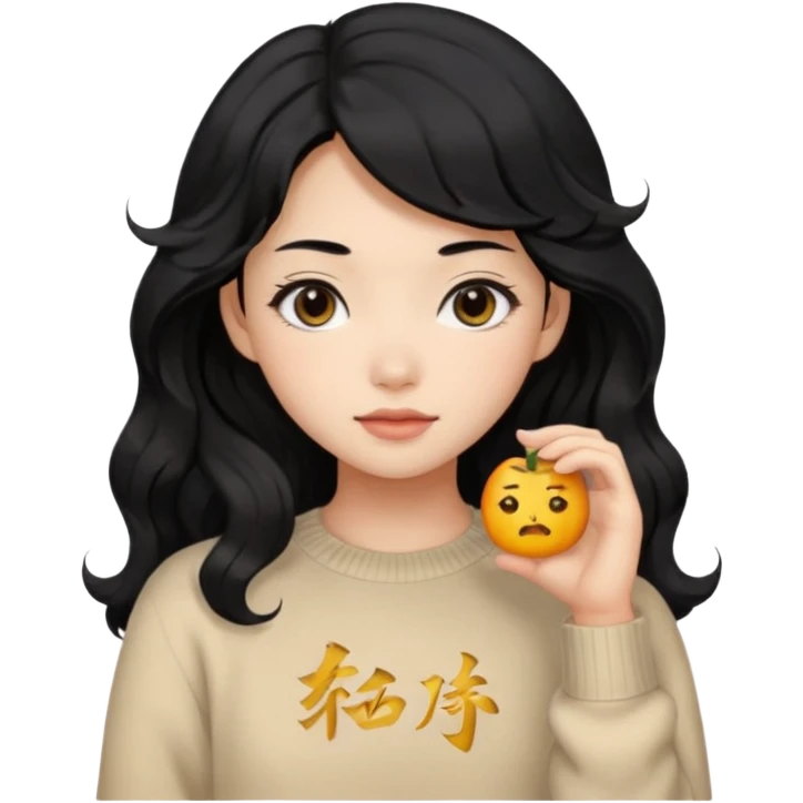 Beautiful girl,Black hair,wavy hair，long hair,Black eyes,Chinese, beige sweater  emoji