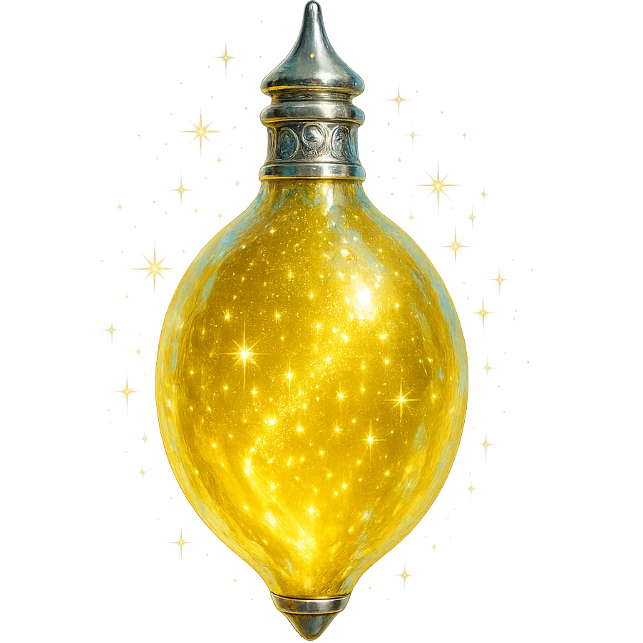 lemon-shaped luxurious elixir bottle, vibrant yellow color, iridescent and silver details, intense magical glowing and sparkling effects, very small neck, seamless bottom, floating, no base or shadow, modern, matching a collection, transparent background emoji