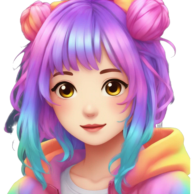 Gorgeous anime style shojo character with blushing face aesthetic and pretty colorful shiny gradient neon rainbow hair with hair garment trending style emoji