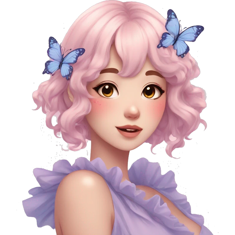 Gorgeous pastel anime style lady with blushing face and butterflies aesthetic trending style emoji