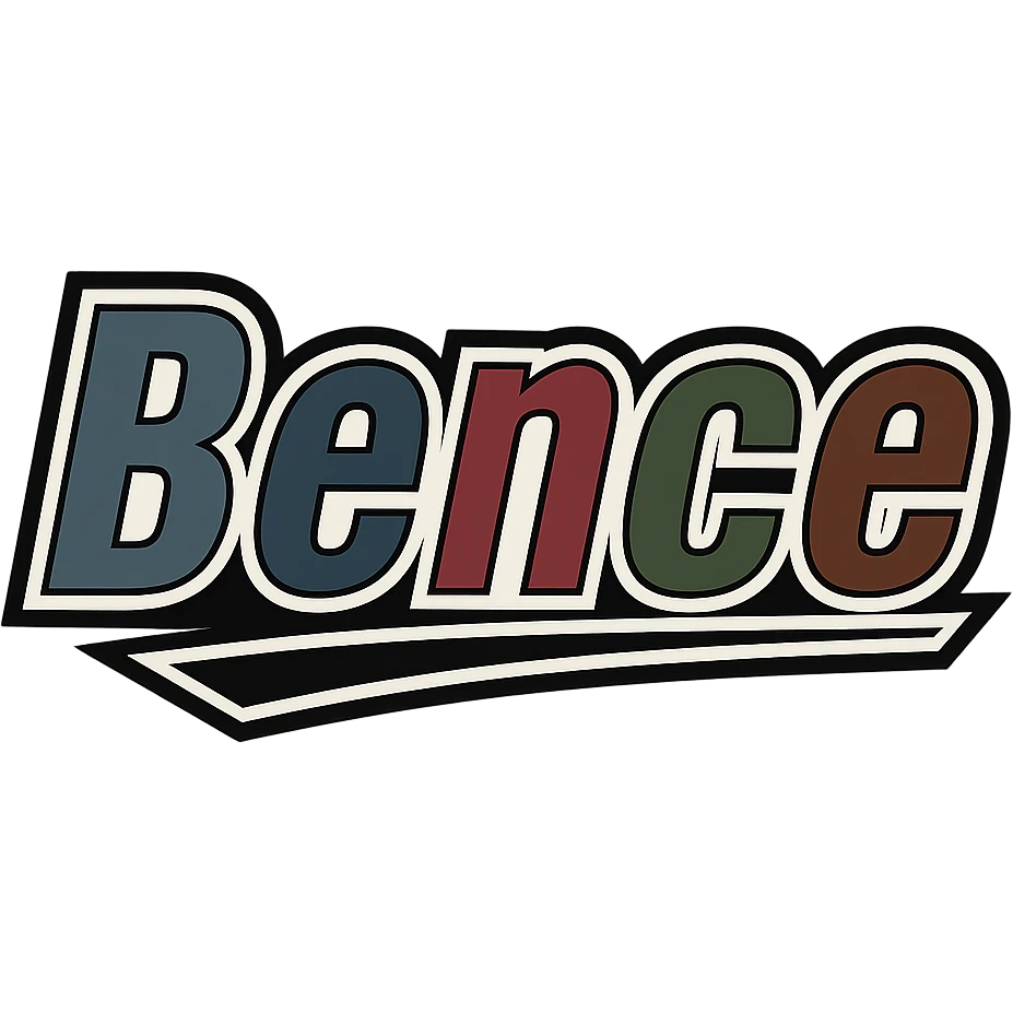 Text image of the name 'Bence' in a masculine, modern, gradient font with precise Hungarian characters, dark contour, extra thick, prominent white letter outline as in reference images, dynamic slanted underline, masculine color shades including blue, gray, burgundy, green, and brown, 1000x1000 px, PNG, transparent background. emoji