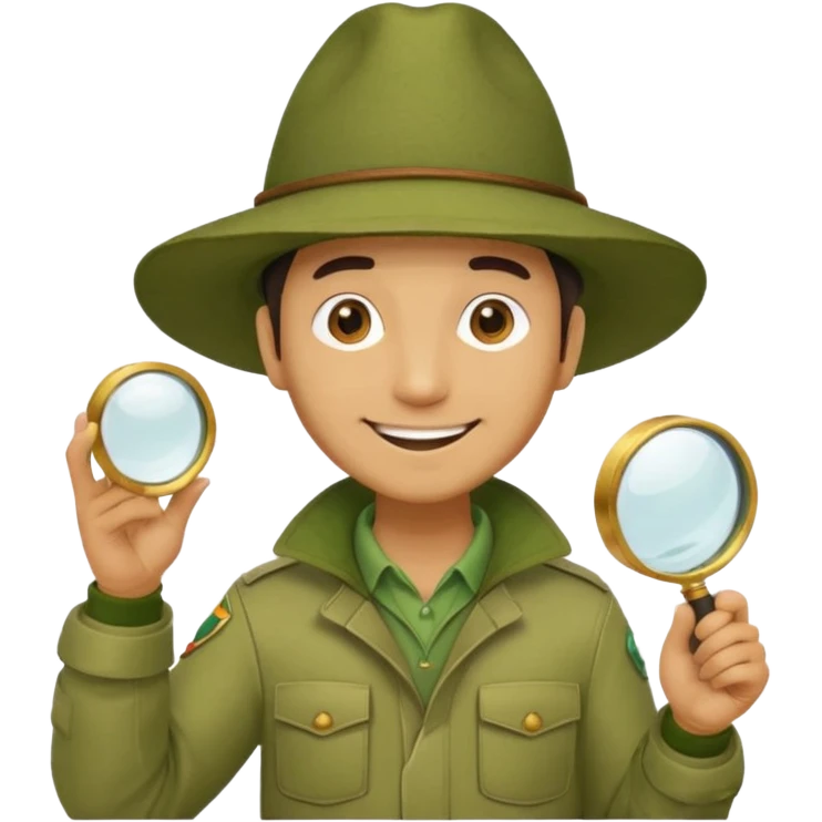  man in beige moss green explorer outfit, hat, holding magnifying glass, smile emoji
