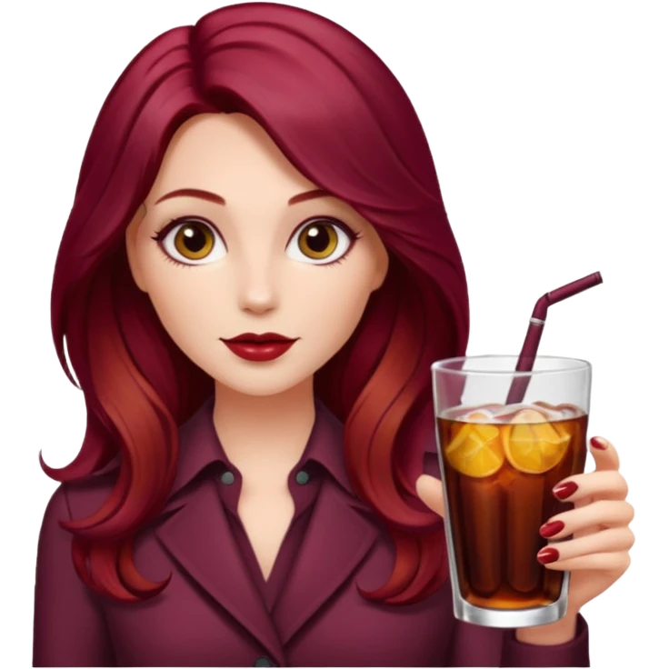 Open


Open


Open


Open
Draw a young glamorous woman with LONG burgandy cherry cola hair in a centre hair part styled slightly wavy emoji