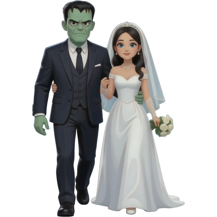 synthwave - Frankenstein Monster embraces his monstrous bride while walking through a desolate night landscape emoji