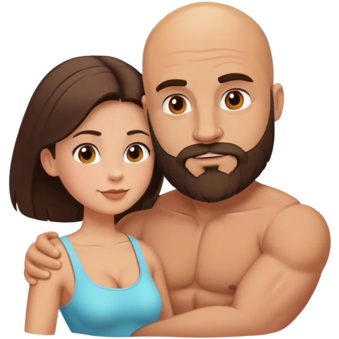 Muscular Bald man with a beard in love with his young brunette wife  emoji