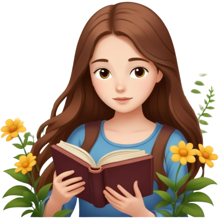 Girl with long brown hair reading a poetic book, surrounded by flowers and soft light elegant flowers  emoji