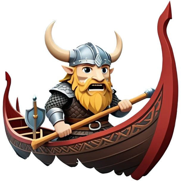 clash-of-clans-aesthetic_-cinematic-viking-longboat, rendered in a flat, bold vector style with minimal shading, featuring a striking dragon-headed prow slicing through icy, churning waters. shields on the side and vikings rowing The longboat’s intricately detailed shields and carved motifs evoke a sense of epic adventure and Nordic might, with billowing sails catching a dramatic, stormy sky backdrop. emoji