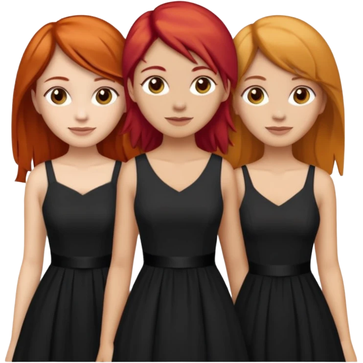 Can you create an image of 3 friends together one with red bright hair light skin one the other with brown hair with some blonde highlights in the hair fair skin the last one with light brown a tint of orange hair and black long hair with brown with dresses dark hair on one of the girls  emoji