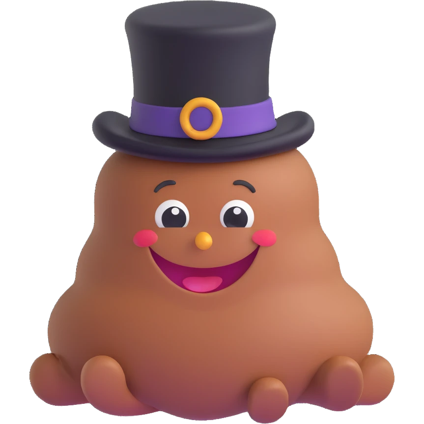 smiling poop with a black top hat, fun and cute emoji