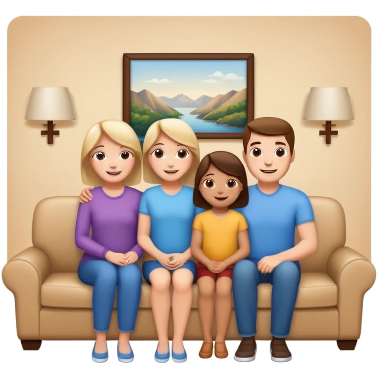 family posing for photo, living room background emoji
