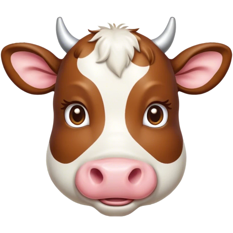Cinematic Cute Brown and White Cow Portrait Emoji, Head tilted playfully and inquisitively, featuring a glossy, richly patterned hide of brown with striking white patches, round, sparkling brown eyes filled with gentle curiosity, Simplified yet irresistibly adorable features, highly detailed, glowing with a warm, friendly glow, high shine, affectionate and serene, stylized with a touch of country charm, bright and endearing, soft glowing outline, capturing the essence of a mischievous yet loving cow, so playful it feels like it could moo out of the screen and into your arms! emoji