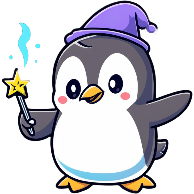 penguin casting magical spells with sparkling wand emoji