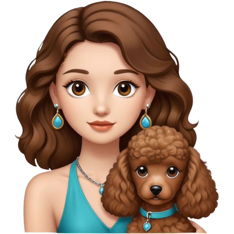 girl with long brown balayage hair and long lashes, wearing halterneck top and round earings, holding a brown poodle, emoji