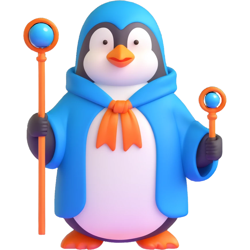 penguin wizard with a blue robe and magical staff emoji