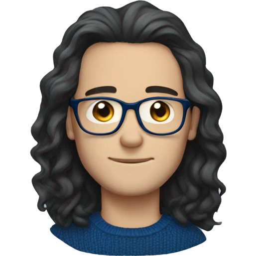 wavy dark hair white guy with a dark blue sweater with blue glasses charming emoji