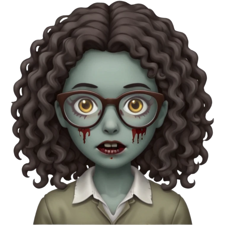 make a zombie girl with grey skin and long dark brown curly hair and glasses emoji