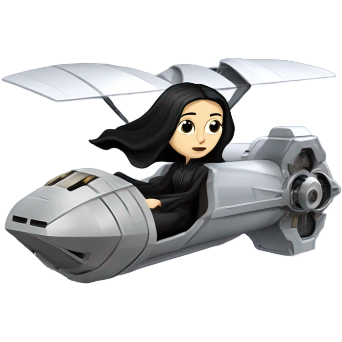 Jedi teen Morticia Addams flying a Jumpspeeder anti-gravity repulsorlift powered by an imperial speeder steampunk  emoji