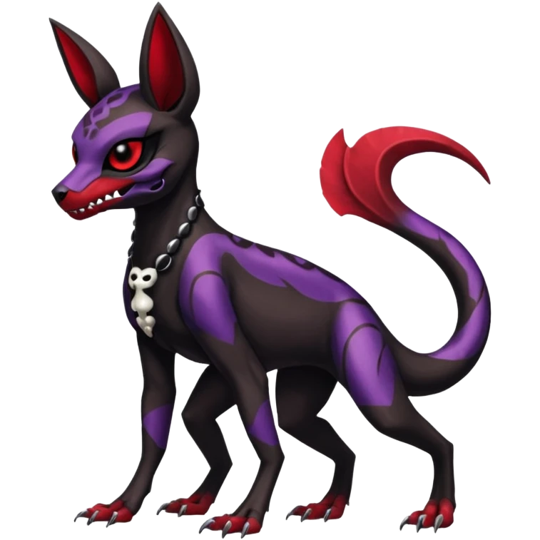 Gothic Black red purple Scaley Exotic Salandit-Umbreon-Houndoom-Fakémon-hybrid-creature (full body), 4 legs, skull face mask emoji