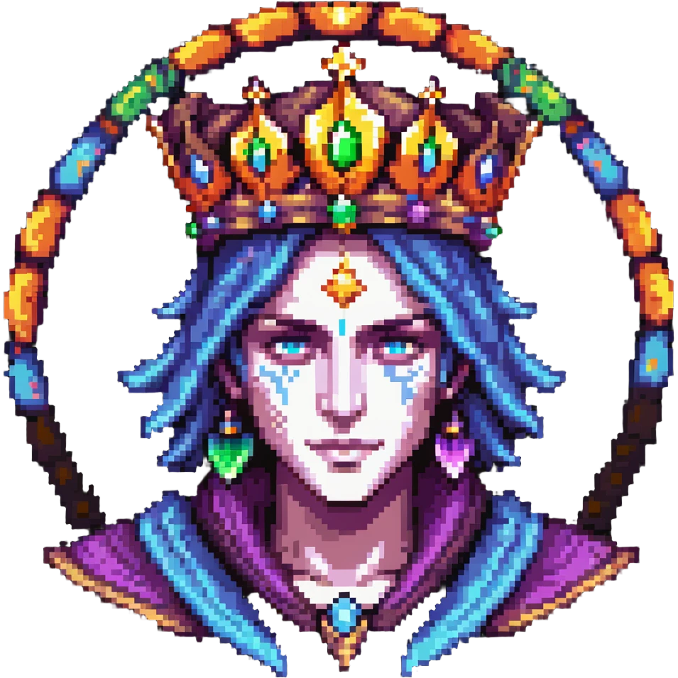 powerful human mage with detailed face and crown, surrounded by vibrant colorful aura emoji