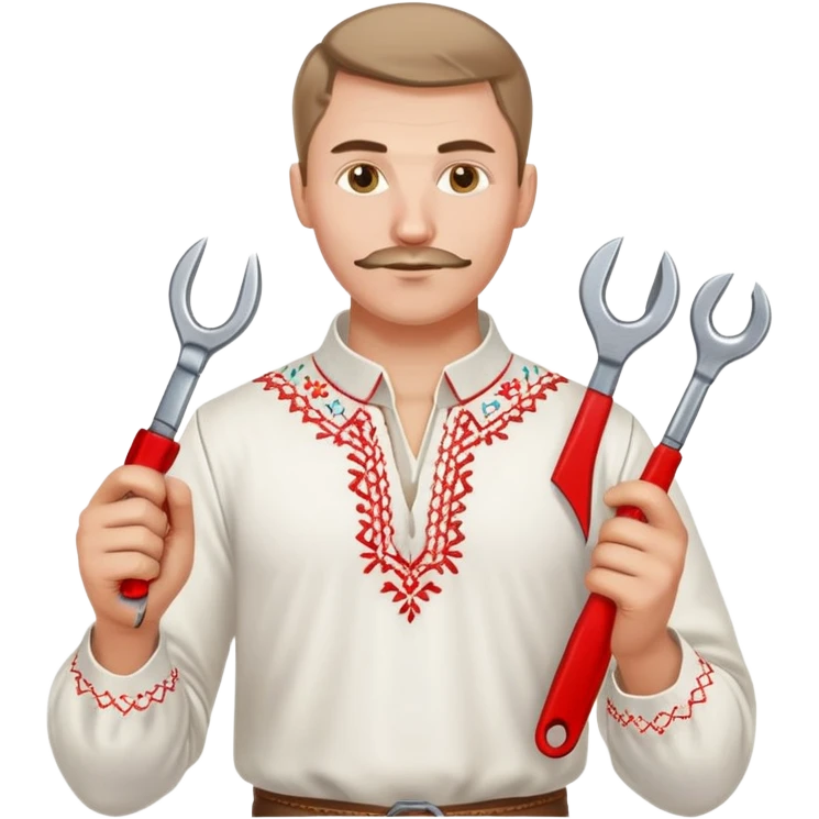 A Ukrainian man wearing traditional white embroidered vyshyvanka shirt holding red scissors in one hand and a spanner/wrench in the other hand emoji