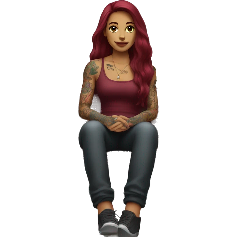 Beautiful tattooed burgundy long haired woman sitting on a bench emoji