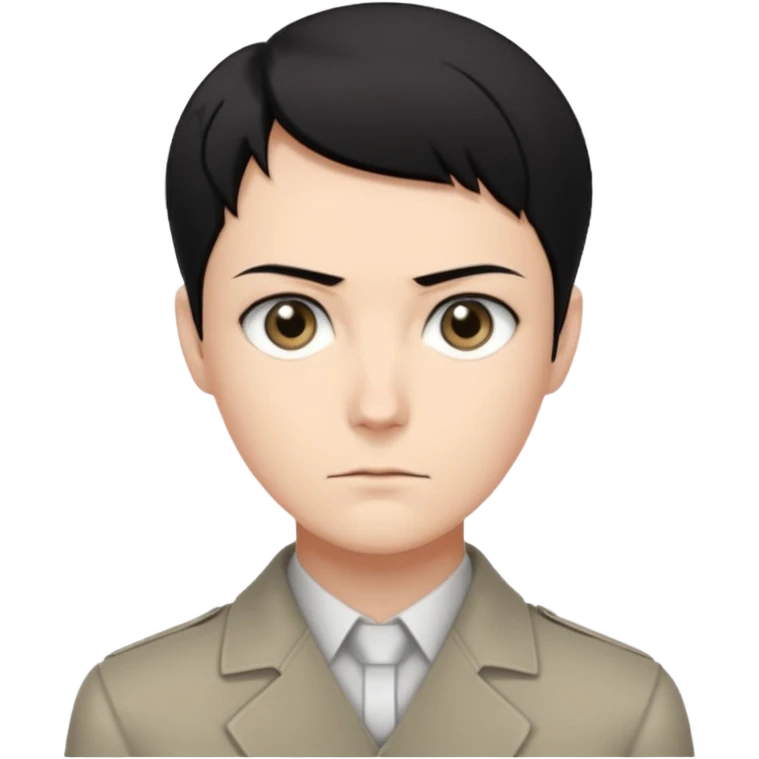 short black neat hair, sharp dull gray eyes, pale skin, serious expression, upright posture, minimal accessories, sharp and precise style. Levi Ackerman  emoji